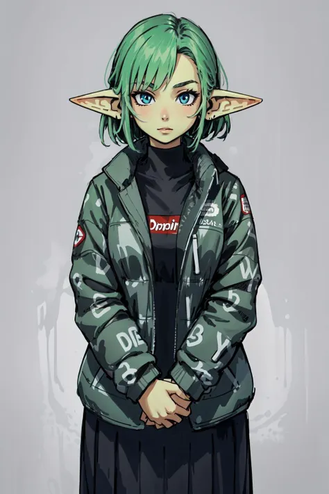 (masterpiece, best quality),  intricate details,
 1girl, <lora:goblin_lora:0.8> goblin girl,   <lora:attire_dripmeme-10:0.6> dripjacket, own hands together,