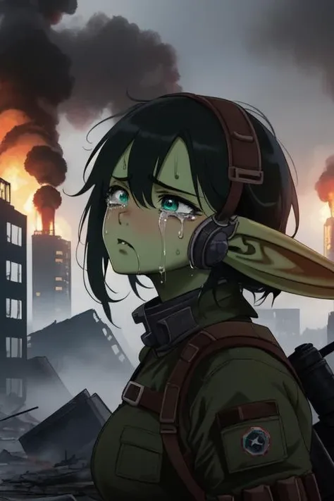 postapocalyptic fututistic theme, 1girl, solo, 4k, highly detailed, closeup shot, <lora:goblin_datasets_pruned:1> goblin girl, green skin, serious crying expression, gas mask, futuristic hazmat, destroyed futuristic city, rubble, towers, smoke, mushroom clouds, radioactive fog, burning destroyed giant mech robot, ruined setting