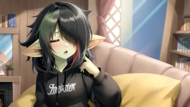 ((masterpiece, green skin), best quality, natural lighting, 1girl, goblin girl),
ultra detailed, sharp focus, best quality, masterpiece, colorful, <lora:ACCS-HairOverOneEye_LOCO_s:1.5> 1girl, hair over one eye, teen, multicolored hair, rainbow hair, (oversized_hoodie:1.3), (black oversized_hoodie:1.5), head down, sitting on a couch, library background, surrounded by books, lightrays, sleepy, yawn, fireplace, black hair, eyes closing, napping, best quality,
masterpiece, intricate details,
skindentation,
<lora:goblin_datasets_pruned:0.9> <lora:oversized_sweater:0.4> <lora:RainbowHairV1:0.7>