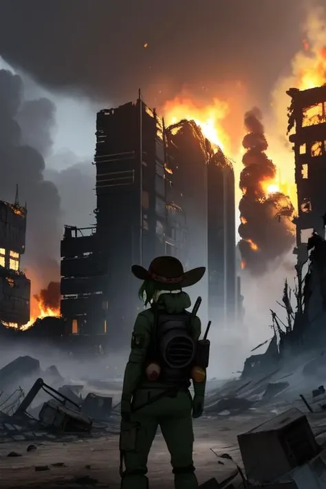 postapocalyptic fututistic theme, ruined setting, 1girl, solo, 4k, highly detailed, cowboy shot, <lora:goblin_datasets_pruned:1> goblin girl, serious expression, gas mask, futuristic hazmat, destroyed futuristic city, rubble, towers, smoke, mushroom clouds, radioactive fog, burning destroyed giant mech robot