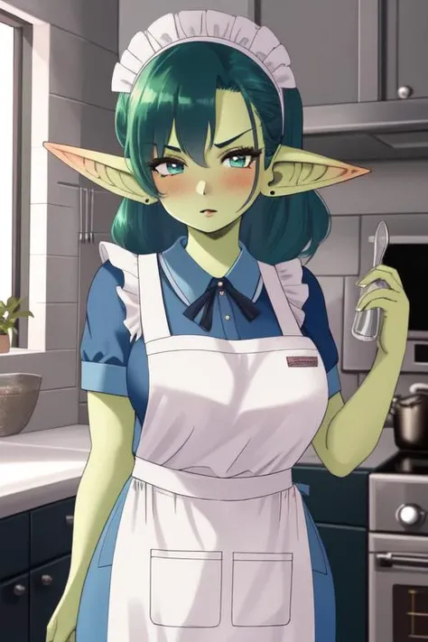 1girl,solo,goblin girl,black hair, short hairs,red eye,colored skin,green skin,huge breasts,glasses,(smug),seductive smile,maid,ring earrings,chocker,mansion kitchen,cowboy shot,apron, (naked apron:1.4),(sitting), on counter,arms support,(night),wine,drunk