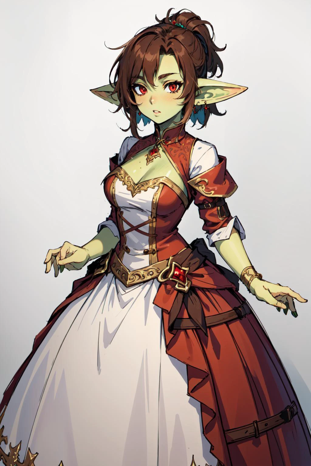 (masterpiece, best quality),  intricate details,
 1girl, <lora:goblin_lora:0.8> goblin girl, green skin,  brown hair, red eyes, <lora:DarkGown:0.8> [ballgown|DRK_Glam], gown,