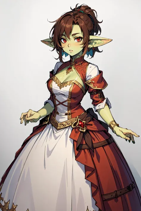 (masterpiece, best quality),  intricate details,
 1girl, <lora:goblin_lora:0.8> goblin girl, green skin,  brown hair, red eyes, <lora:DarkGown:0.8> [ballgown|DRK_Glam], gown,