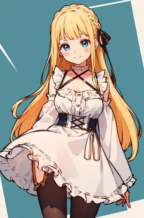 ultra detailed, masterpiece, best quality, solo, soft smile, light smile,
1girl, blue eyes, very long hair, blonde hair, long blonde hair, french braid, bangs, medium breasts,
hair ribbon, frilled choker, criss-cross halter, sleeveless dress, high-waist skirt, backless dress, waist bow, detached sleeves, frilled sleeves, wide sleeves, pantyhose, patterned legwear, mary janes, <lora:CutePainting:0.85> CutePainting,