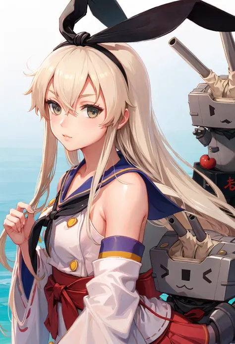 best quality, masterpiece, highres, solo, {shimakaze_kantaicollection:0.90}, {white kimono:1.35}, {red hakama:1.35}, {wide sleeves:1.20}