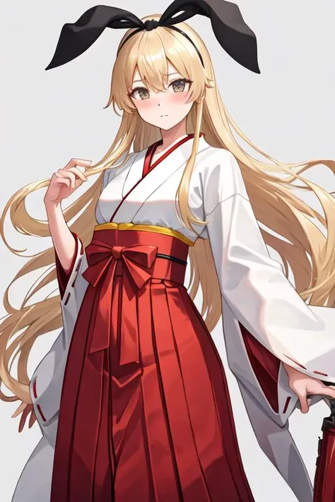 best quality, masterpiece, highres, solo, {white kimono:1.35}, {red hakama:1.35}, {wide sleeves:1.20}, {shimakaze_kantaicollection:1.15}, long_hair, blonde_hair, hairband, blush