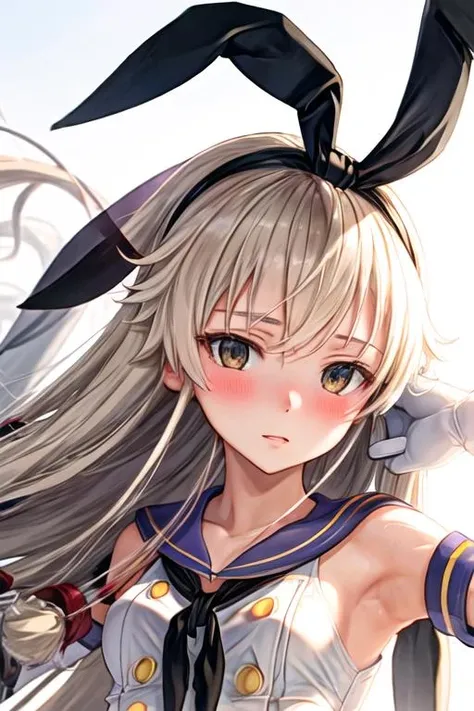 best quality, masterpiece, highres, 1girl, solo, {shimakaze_kantaicollection:1.15}, long_hair, blonde_hair, hairband, blush