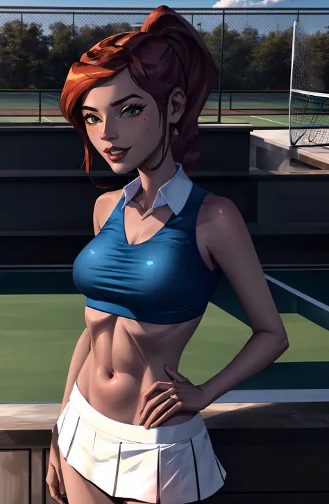 (masterpiece, high quality, 64k, uhd, extremely detailed eyes, extremely detailed face, extremely intricate, professional)
BREAK 
<lora:GwenUAF_Omniverse1.0:1.0>GwenUAF Omniverse, ponytail, light smile,
sportsware, white skirt, sports bra, black bra
BREAK
outdoors, tennis court