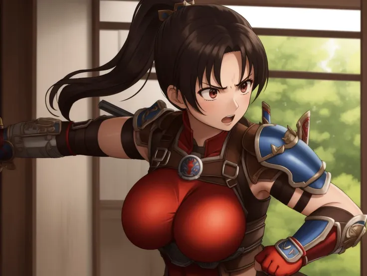 taki, 
taki_(soulcalibur) ,
red bodysuit, fingerless gloves, arm guards, shoulder armor ,
huge_breasts,
fighting_stance ,looking_away,
angry,
open_mouth,
indoors,fusuma,
from_below,breast_focus ,
upper_body
<lora:taki-sc-richy-v1:0.8> 
BREAK
<lora:BouncingBreastsV2:0.8>
motion lines, motion blur,bouncing_breasts ,