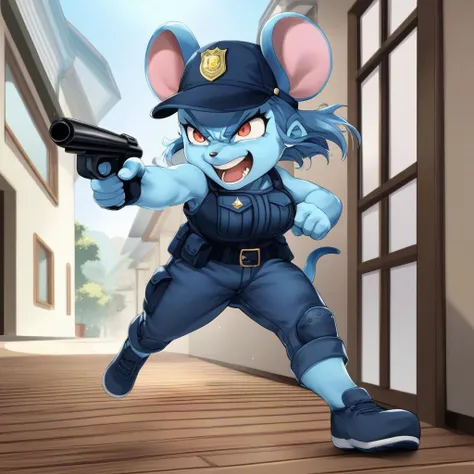 score_9, score_8_up, score_7_up, score_6_up, (kicking down a door, kicking:1.2), dramatic action shot, tactical entry, police uniform, , source_cartoon, source_anime, convenient censorship, face, open mouth smile, kemono, rating_safe, ":D", rating_questionable, shortstack, blue shoes, blue mouse girl, plaid overalls, blue skin, <lora:shadmanPONYXL-guy-v101:1>, close-up, topless, huge breasts, walking through a blue wooden door, holding doorknob, tail, coming in and going out, holding a shotgun, bulletproof vest, muzzle flash, tail, firing gun,