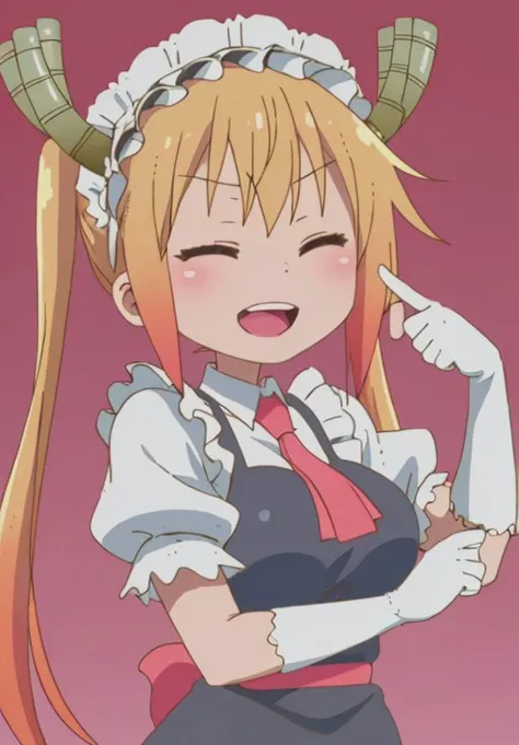 <lora:kobayashisan:1.0>, kobayashisan, Tooru, solo, smile, open mouth, simple background, shirt, gloves, white background, dress, holding, medium breasts, tail, closed eyes, white shirt, upper body, short sleeves, :d, hairband, frills, necktie, horns, sleeveless, elbow gloves, puffy sleeves, collared shirt, white gloves, hand up, chibi, black dress, puffy short sleeves, v-shaped eyebrows, gradient, maid, sash, maid headdress, gradient background, ascot, sleeveless dress, blue dress, pink background, frilled dress, >_<, frilled sleeves, red necktie, facing viewer, sign, red ascot, frilled hairband, xd, holding sign