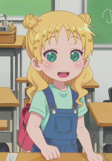 <lora:kobayashisan:1.0>, kobayashisan, Chloe, looking at viewer, smile, short hair, open mouth, multiple girls, shirt, hair ornament, 2girls, twintails, green eyes, standing, upper body, purple hair, short sleeves, :d, grey hair, multicolored hair, solo focus, shiny, indoors, blunt bangs, bag, gradient hair, low twintails, chair, backpack, blue shirt, t-shirt, light purple hair, desk, green shirt, classroom, overalls, school desk, randoseru, holding strap, school chair, aqua shirt, behind another, blue overalls, red bag,