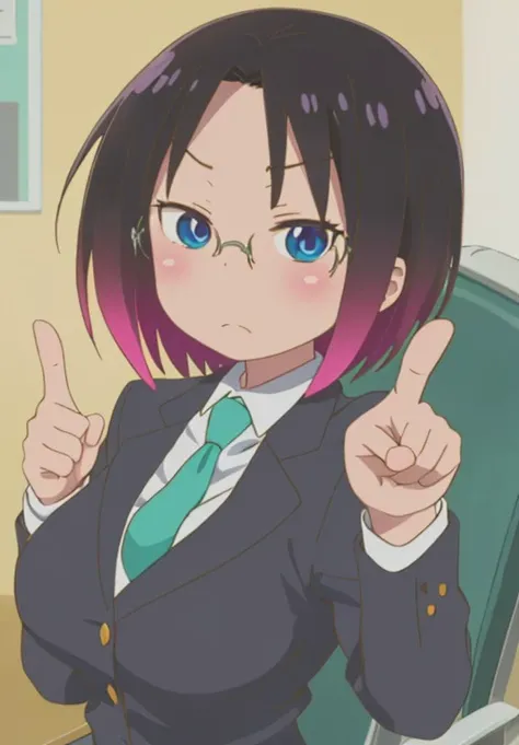 <lora:kobayashisan:1.0>, kobayashisan, Elma, solo, looking at viewer, blush, short hair, shirt, long sleeves, medium breasts, closed mouth, school uniform, jacket, white shirt, upper body, necktie, horns, glasses, collared shirt, bag, sweater, black jacket, v-shaped eyebrows, gradient hair, frown, chair, formal, blazer, cardigan, suit, pointing, :<, index finger raised, desk, sweater vest, blue necktie, office lady, rimless eyewear, pointing at viewer, green necktie, aqua necktie, >:(, pointing up