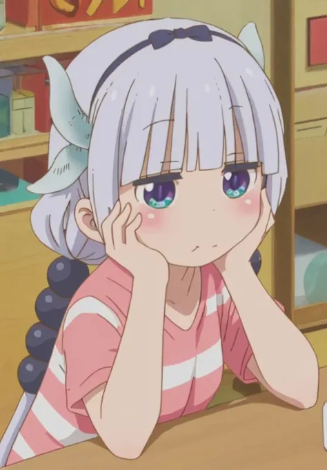<lora:kobayashisan:1.0>, kobayashisan, Kanna, solo, shirt, dress, closed mouth, upper body, white hair, short sleeves, striped, indoors, hands up, eating, hair bobbles, t-shirt, pink dress, hand on own face, pink shirt, head rest, striped shirt, :t, pout, hand on own cheek, hands on own face, shelf, hands on own cheeks, shop, bored