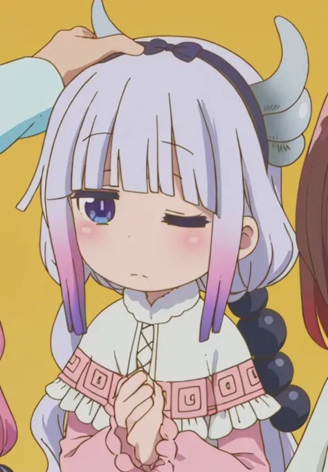 <lora:kobayashisan:1.0>, kobayashisan, Kanna, multiple girls, shirt, long sleeves, dress, 2girls, closed mouth, closed eyes, upper body, sidelocks, red hair, solo focus, black bow, capelet, hair bobbles, pink dress, yellow background, out of frame, hand on another's head, headpat, cross-laced clothes, petting