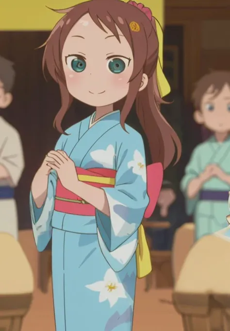 <lora:kobayashisan:1.0>, kobayashisan, Riko, solo, looking at viewer, smile, blue eyes, long sleeves, holding, closed mouth, standing, ponytail, sidelocks, cowboy shot, japanese clothes, multiple boys, solo focus, indoors, 2boys, wide sleeves, kimono, bag, blurry, side ponytail, aqua eyes, hands up, sash, depth of field, blurry background, obi, floral print, scrunchie, 3boys, hair scrunchie, clenched hands, yukata, geta, blue kimono, print kimono, yellow scrunchie, festival, summer festival, kinchaku