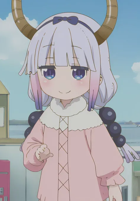 <lora:kobayashisan:1.0>, kobayashisan, Kanna, solo, smile, dragon girl, horns