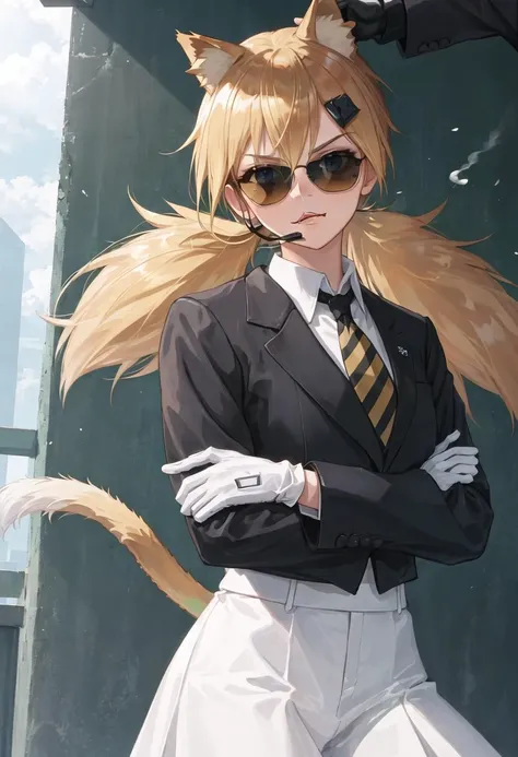 best quality, masterpiece, highres, solo, {idw_girlsfrontline:0.90}, {black business suit:1.40}, {tie:1.20}, {sunglasses:1.25}, {white gloves:1.15}, {white shirt:1.10}, {black skirt:1.15}, {smoking:1.20}, handsome