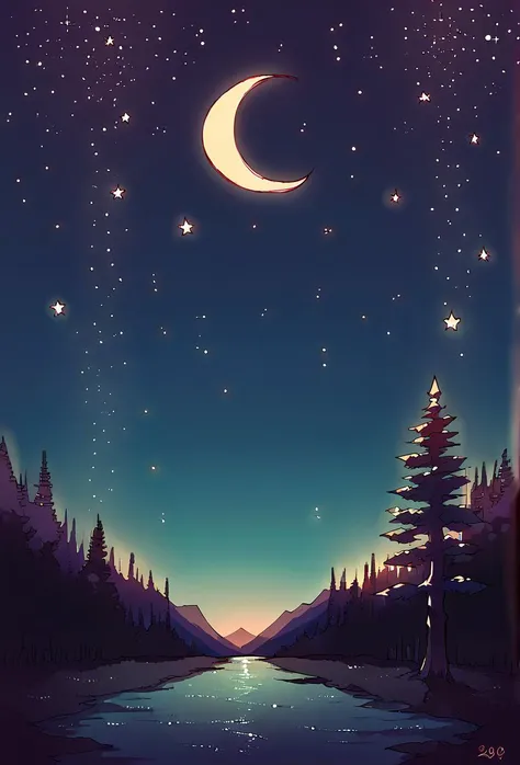 score_9,score_8_up,score_7_up,score_6_up,score_5_up,score_4_up source_safe, outdoors,sky,cloud,star (symbol),tree,no humans,night,moon,star (sky),nature,night sky,scenery,forest,starry sky,mountain,silhouette,crescent moon,pine tree <lora:zankuro_ponyv1:1.2>,zankuro,flat shading,flat lighting,