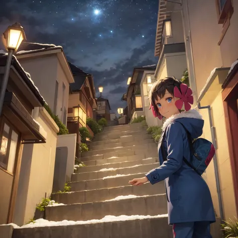 masterpiece, illustration, 8k, realistic shadows, volumetric lighting, cute, ambient lighting, colorful, cowboy shot, textured skin, shiny skin, blush, beautiful detailed shadows,
Phoebe, blue eyes, light smile, outdoors, village, mountainous horizon, snow, snowing, street, night, streetlights
1girl solo, coat, pants, boots, fur-trimmed, hair flower, dark skin,