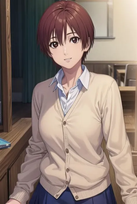 keikishimoto, <lora:kei kishimoto-lora-nochekaiser:1>,
kei kishimoto, short hair, (brown eyes:1.5), red hair, smile,
BREAK skirt, school uniform, cardigan, blue skirt, shirt, white shirt, collared shirt,
BREAK indoors, classroom,
BREAK looking at viewer, (cowboy shot:1.5),
BREAK <lyco:GoodHands-beta2:1>, (masterpiece:1.2), best quality, high resolution, unity 8k wallpaper, (illustration:0.8), (beautiful detailed eyes:1.6), extremely detailed face, perfect lighting, extremely detailed CG, (perfect hands, perfect anatomy),