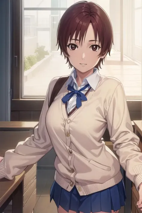 keikishimoto, <lora:kei kishimoto-lora-nochekaiser:1>,
kei kishimoto, short hair, (brown eyes:1.5), red hair, smile,
BREAK skirt, school uniform, cardigan, blue skirt, shirt, white shirt, collared shirt,
BREAK indoors, classroom,
BREAK looking at viewer, (cowboy shot:1.5),
BREAK <lyco:GoodHands-beta2:1>, (masterpiece:1.2), best quality, high resolution, unity 8k wallpaper, (illustration:0.8), (beautiful detailed eyes:1.6), extremely detailed face, perfect lighting, extremely detailed CG, (perfect hands, perfect anatomy),