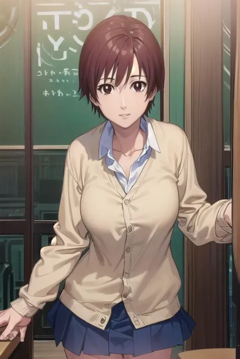 keikishimoto, <lora:kei kishimoto-lora-nochekaiser:1>,
kei kishimoto, short hair, (brown eyes:1.5), red hair, smile,
BREAK skirt, school uniform, cardigan, blue skirt, shirt, white shirt, collared shirt,
BREAK indoors, classroom,
BREAK looking at viewer, (cowboy shot:1.5),
BREAK <lyco:GoodHands-beta2:1>, (masterpiece:1.2), best quality, high resolution, unity 8k wallpaper, (illustration:0.8), (beautiful detailed eyes:1.6), extremely detailed face, perfect lighting, extremely detailed CG, (perfect hands, perfect anatomy),