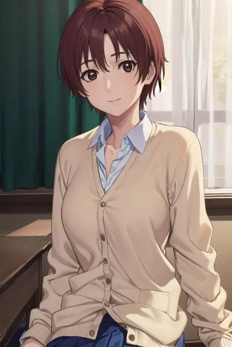 keikishimoto, <lora:kei kishimoto-lora-nochekaiser:1>,
kei kishimoto, short hair, (brown eyes:1.5), red hair, smile,
BREAK skirt, school uniform, cardigan, blue skirt, shirt, white shirt, collared shirt,
BREAK indoors, classroom,
BREAK looking at viewer, (cowboy shot:1.5),
BREAK <lyco:GoodHands-beta2:1>, (masterpiece:1.2), best quality, high resolution, unity 8k wallpaper, (illustration:0.8), (beautiful detailed eyes:1.6), extremely detailed face, perfect lighting, extremely detailed CG, (perfect hands, perfect anatomy),