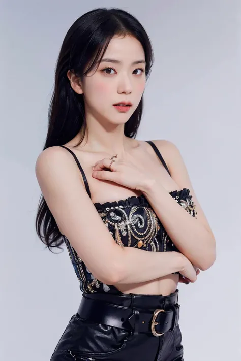 (best quality, masterpiece, ultra-realistic),extremely high quality high detail color photo,high detailed skin,8k,noble face,Fujifilm X-T5,((pure background :1.2)),
1 beautiful and delicate portrait of a girl,(Perfect female body:1.2),(upper body:1.3),
1gril,huge breasts,
shirt dress,
statement belt,ankle-strap heels,
<lora:jinzhixiu:0.8>