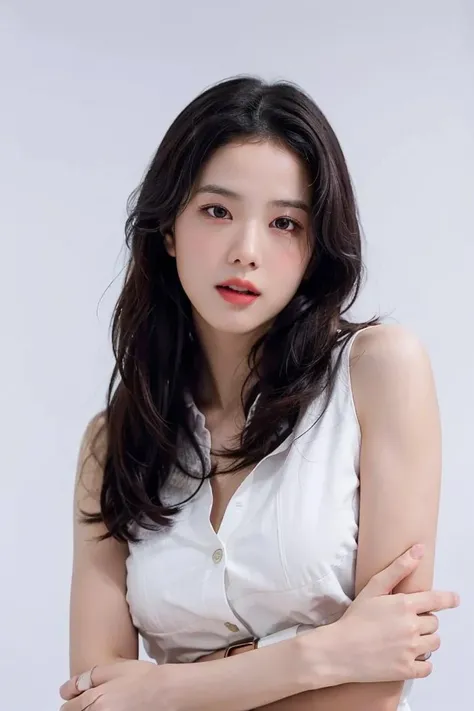 (best quality, masterpiece, ultra-realistic),extremely high quality high detail color photo,high detailed skin,8k,noble face,Fujifilm X-T5,((pure background :1.2)),
1 beautiful and delicate portrait of a girl,(Perfect female body:1.2),(upper body:1.3),
1gril,huge breasts,
shirt dress,
statement belt,ankle-strap heels,
<lora:jinzhixiu:0.8>