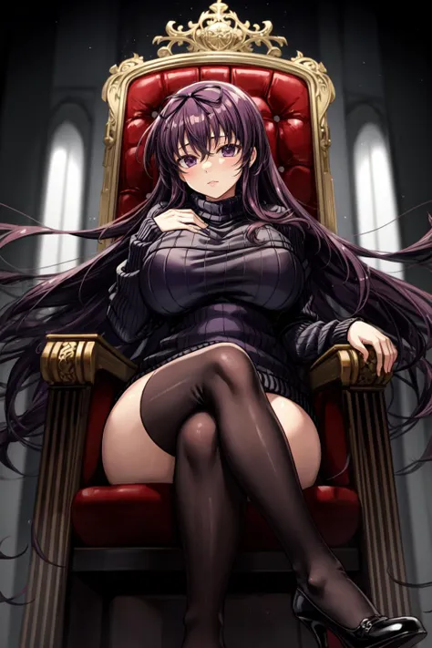 low angle, solo, murasaki (senran kagura), gigantic breasts, long purple hair, purple eyes, black hair ribbon, (dressed:1.4), BREAK, (wool sweater:1.3), (tights:1.3), sitting, crossed legs, high heel shoes, throne
<lora:murasaki:0.7>
<lora:add_detail:1>
<lora:GoodHands-beta2:1>