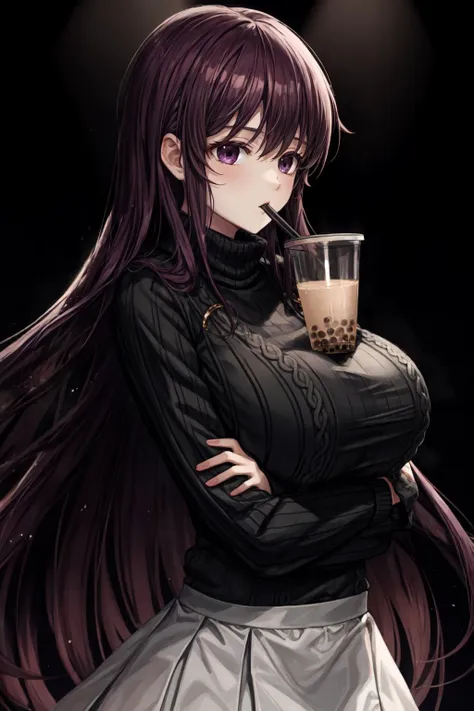 solo, murasaki (senran kagura), gigantic breasts, long purple hair, purple eyes, black hair ribbon, (dressed:1.4), BREAK, wool sweater, bubble tea challenge, drinking straw, crossed arms
<lora:murasaki:0.7>
<lora:add_detail:1>
<lora:GoodHands-beta2:1>
<lora:concept_bubbleteachallenge-16:0.9>