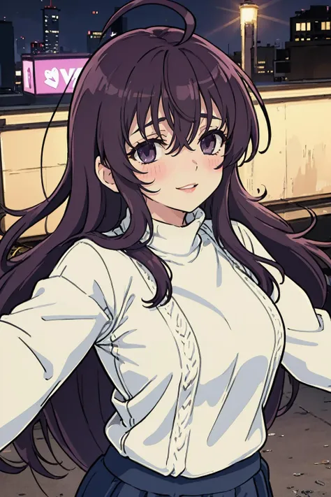 (masterpiece, best quality:1.2), <lora:murasaki:1>, murasaki (senran kagura), 1girl, solo, purple hair, purple eyes, looking at viewer, sweater, bangs, heart, white sweater, smile, upper body, long hair, outstretched arms, clothes writing, ahoge, sidelocks, parted lips, long sleeves, blush, alternate costume, hair between eyes, shirt, outdoors,