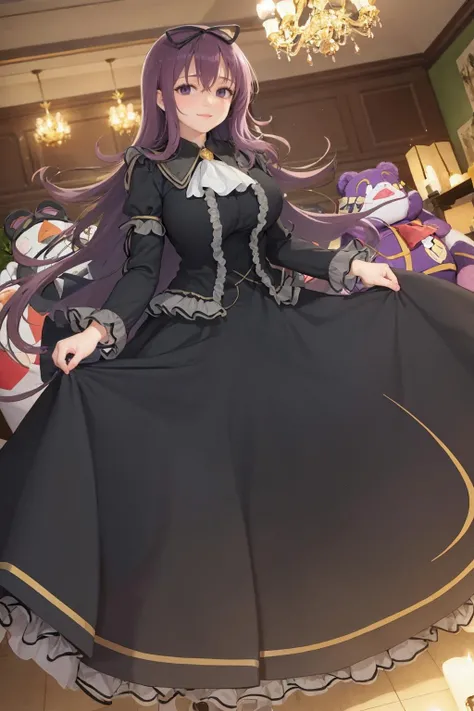 (masterpiece, best quality:1.2), <lora:murasaki:1>, murasakioutfitaa, 1girl, solo, long hair, breasts, looking at viewer, smile, bangs, large breasts, long sleeves, dress, ribbon, hair between eyes, jewelry, very long hair, closed mouth, standing, purple eyes, hair ribbon, purple hair, frills, indoors, black dress, ascot, window, sparkle, black ribbon, floating hair, stuffed toy, frilled dress, stuffed animal, brooch, gem, teddy bear, skirt hold, long dress, candle, chandelier,