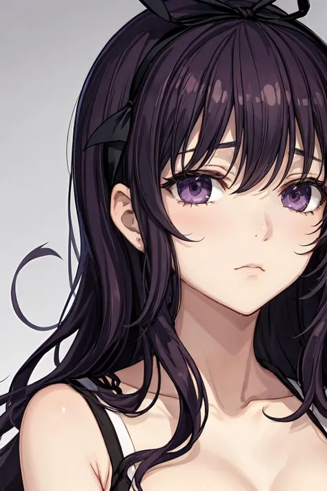 (closeup:1.4), (portrait:1.4), solo, murasaki (senran kagura), long hair, purple eyes, hair ribbon, purple hair, black ribbon, (sad:1.1)
<lora:murasaki:0.7>
<lora:add_detail:0.7>
