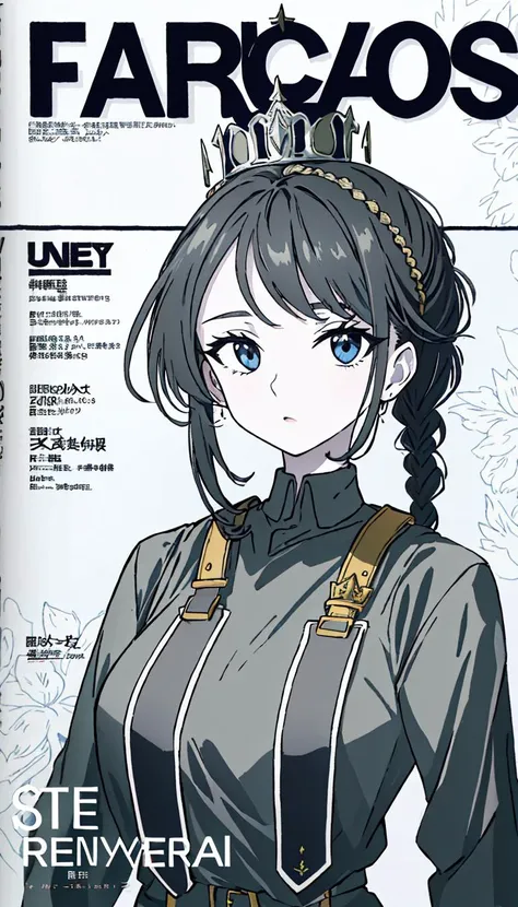 (((best quality))), (((ultra detailed))), (((masterpiece))), illustration,over, cover_page, letterboxed, 1girl,crown braid, looking_at_viewer, ((Detailed text)),figure,Cute figure,solo focus,ultra-detailed,(masterpiece:1.4),best quality,ultra high res,Magazine cover-style illustration ,She has a confident expression The overall style should be modern and trendy, with a focus on fashion and fantasy,(english_text),detailed background,Double exposure,line