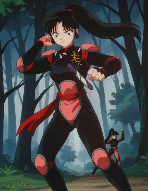 score_9, score_8_up, score_7_up, source_anime,
inuyashasango, <lora:inuyasha-sango-ponyxl-lora-nochekaiser:1>,
sango, long hair, black hair, brown eyes, retro artstyle,
ponytail, armor, bodysuit, pilot suit,
outdoors, forest, nature,
looking at viewer, fighting stance,