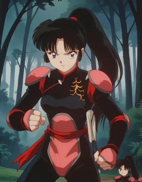 score_9, score_8_up, score_7_up, source_anime,
inuyashasango, <lora:inuyasha-sango-ponyxl-lora-nochekaiser:1>,
sango, long hair, black hair, brown eyes, retro artstyle,
ponytail, armor, bodysuit, pilot suit,
outdoors, forest, nature,
looking at viewer, fighting stance,