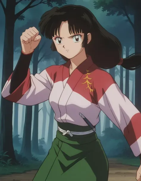score_9, score_8_up, score_7_up, source_anime,
inuyashasango, <lora:inuyasha-sango-ponyxl-lora-nochekaiser:1>,
sango, long hair, black hair, brown eyes, retro artstyle,
long sleeves, japanese clothes, wide sleeves, kimono, green skirt, low-tied long hair,
outdoors, forest, nature,
looking at viewer, fighting stance,