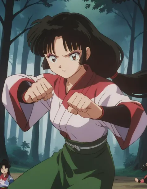 score_9, score_8_up, score_7_up, source_anime,
inuyashasango, <lora:inuyasha-sango-ponyxl-lora-nochekaiser:1>,
sango, long hair, black hair, brown eyes, retro artstyle,
long sleeves, japanese clothes, wide sleeves, kimono, green skirt, low-tied long hair,
outdoors, forest, nature,
looking at viewer, fighting stance,