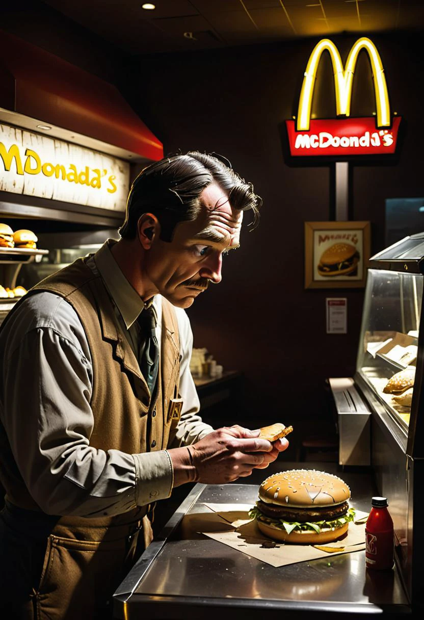 <lora:BillMatheson:.5> A BillMatheson man examining a mysterious artifact in the dim light of an ancient McDonald's restaurant