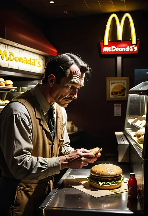 <lora:BillMatheson:.5> A BillMatheson man examining a mysterious artifact in the dim light of an ancient  McDonald's restaurant