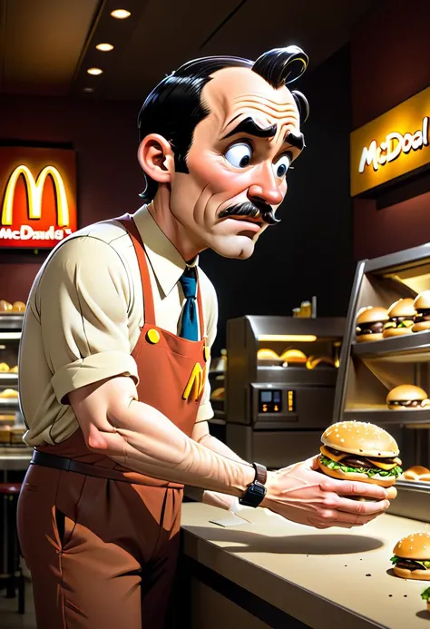 <lora:BillMatheson:.5> A BillMatheson man examining a mysterious artifact in the dim light of an ancient McDonald's restaurant