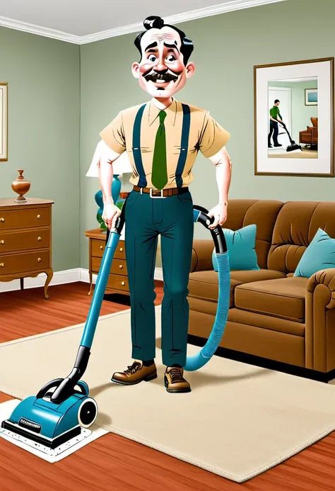 <lora:BillMatheson:.5> A BillMatheson man vacuuming under the furniture in the living room