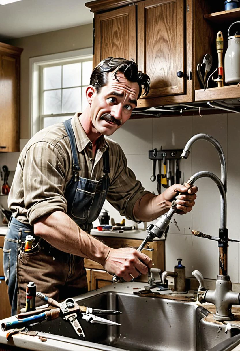 <lora:BillMatheson:.5> A BillMatheson man fixing a leaky kitchen faucet with a set of old worn tools