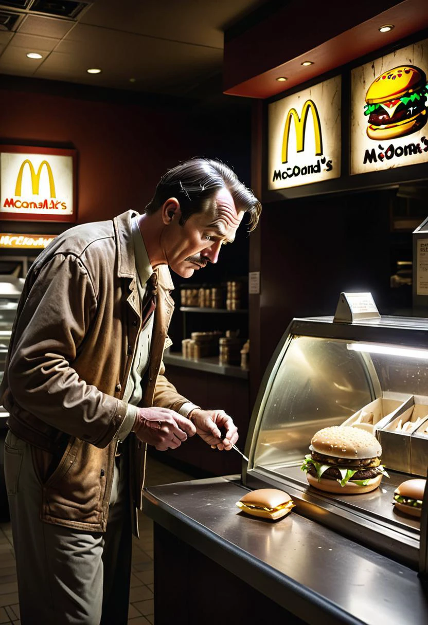 <lora:BillMatheson:.5> A BillMatheson man examining a mysterious artifact in the dim light of an ancient McDonald's restaurant