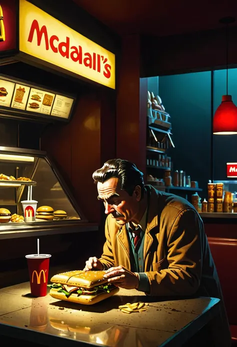 <lora:BillMatheson:.5> A BillMatheson man examining a mysterious artifact in the dim light of an ancient  McDonald's restaurant