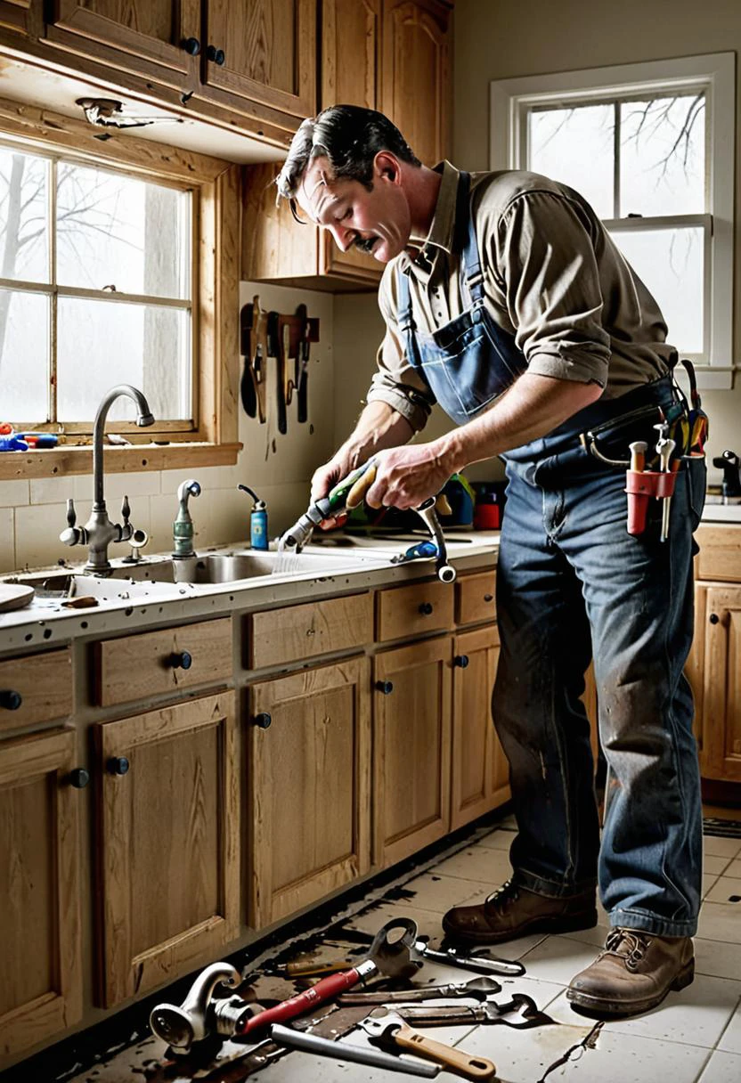 <lora:BillMatheson:.5> A BillMatheson man fixing a leaky kitchen faucet with a set of old worn tools