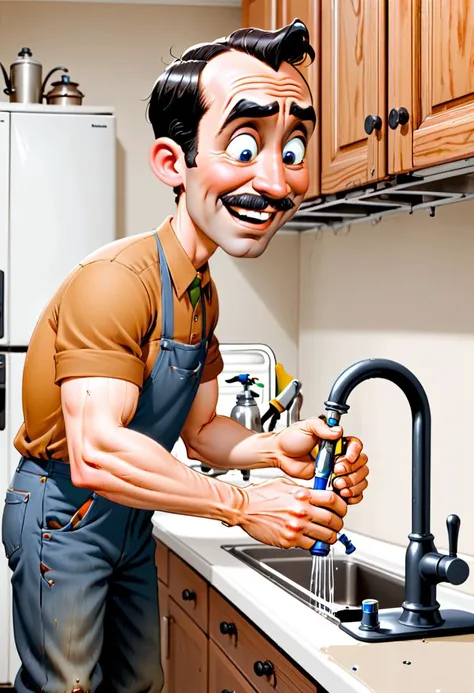 <lora:BillMatheson:.5> A BillMatheson man fixing a leaky kitchen faucet with a set of old worn tools