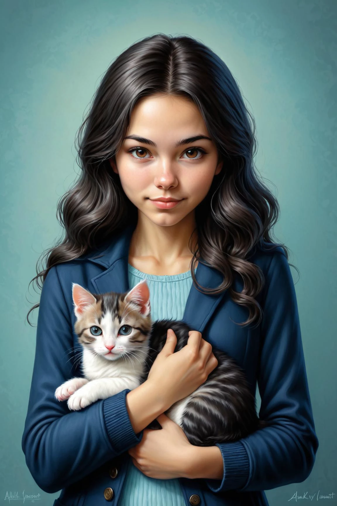 by Kelly Vivanco , by Alexander Millar and Duy Huynh in the style of Mark Lovett, cute 18 year old woman and her kitten, digital painting <lora:digital_painting_envy01:1.00> <lora:more_art:0.30><lora:clothing_slider:2.00><lora:great_lighting:1.30><lora:aesthetic:1.15><lora:photorealistic_portrait:1.25><lora:RMSDXL_Enhance:0.45><lora:RMSDXL_Creative:0.35><lora:RMSDXL_Photo:0.45><lora:RMSDXL_Darkness_Cinema:0.50><lora:XDetail_heavy:0.45><lora:perfect_eyes:0.15><lora:perfect_hands:0.15><lora:midjourney:-0.15><lora:looking_at_viewer:0.75><lora:dpo:0.25>